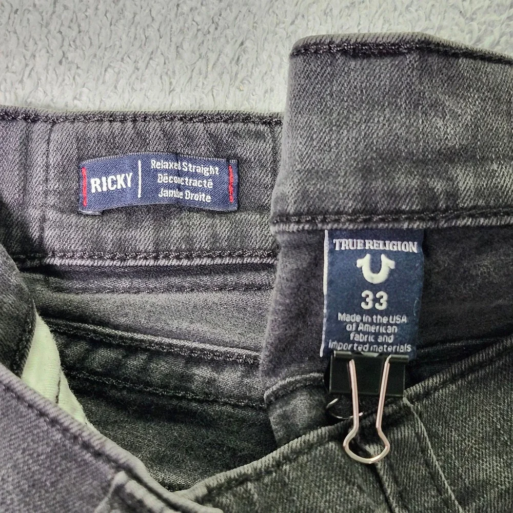 True Religion Mens 33 Ricky Relaxed Straight Jeans Black Faded Flap Pocket USA
